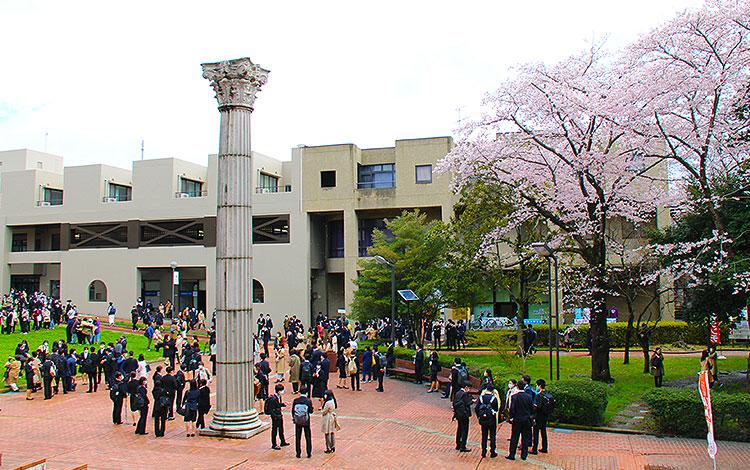 Cherry blossoms in front of the University Hall and new students