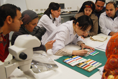 JICAが実施した博物館保存修復センタープロジェクトに講師として参加。 
研修生が作成した彩色レプリカ試料について説明をしているところ。 