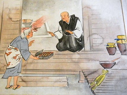 京都の常照皇寺に伝わる納豆縁起南北朝の政争に敗れて出家した光厳法皇の生涯を描いた絵巻物の一部(石塚教授提供)。村人が献上したわらづとに包んだ味噌豆(右下)が発酵して納豆になったと伝えられている。このような偶然が、あちこちで起こったものと思われる。