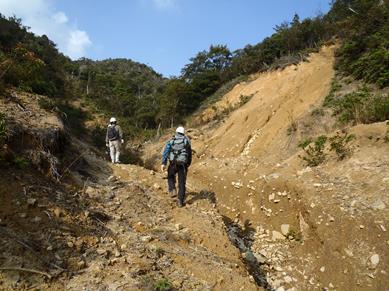 2009年7月の中国・九州北部を襲った集中豪雨で土石流が流れた山口県防府市の谷の現場調査をする八反地さん（奥）と研究室の学生。この谷の下流に国道があり、大きな被害をもたらした。